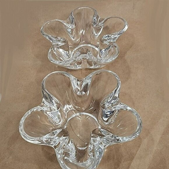 2 VTG Clear Tiffin Neodymium Flower 5 Lobe Heavy Art Glass Bowl Candle Holder - Picture 1 of 15